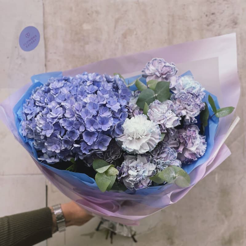 Дуобукет из гортензии и гвоздик "ROYAL BLUE" — Фото 3
