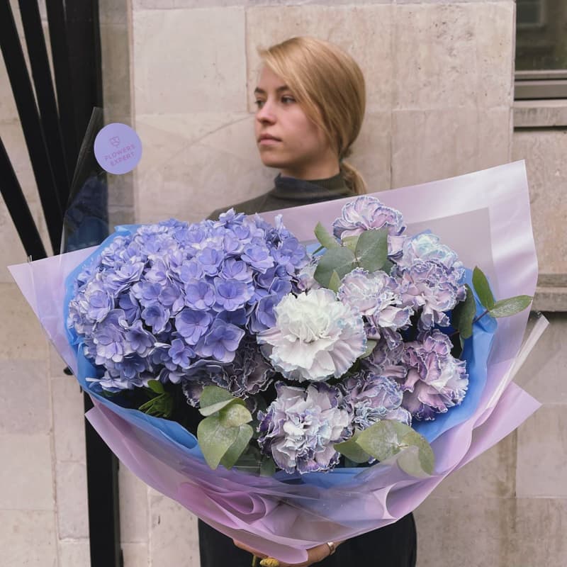 Дуобукет из гортензии и гвоздик "ROYAL BLUE"